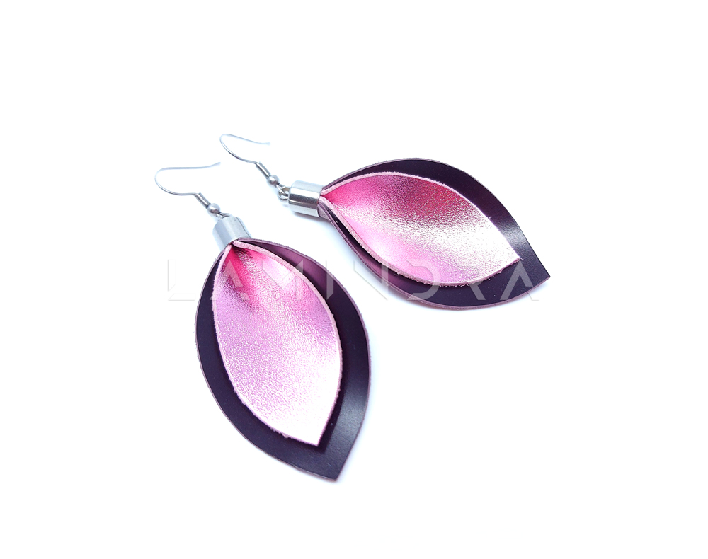Fülbevalók, kézműves ékszerek: FU012, Nemesacél bordó és metál rózsaszín bőr fülbevaló